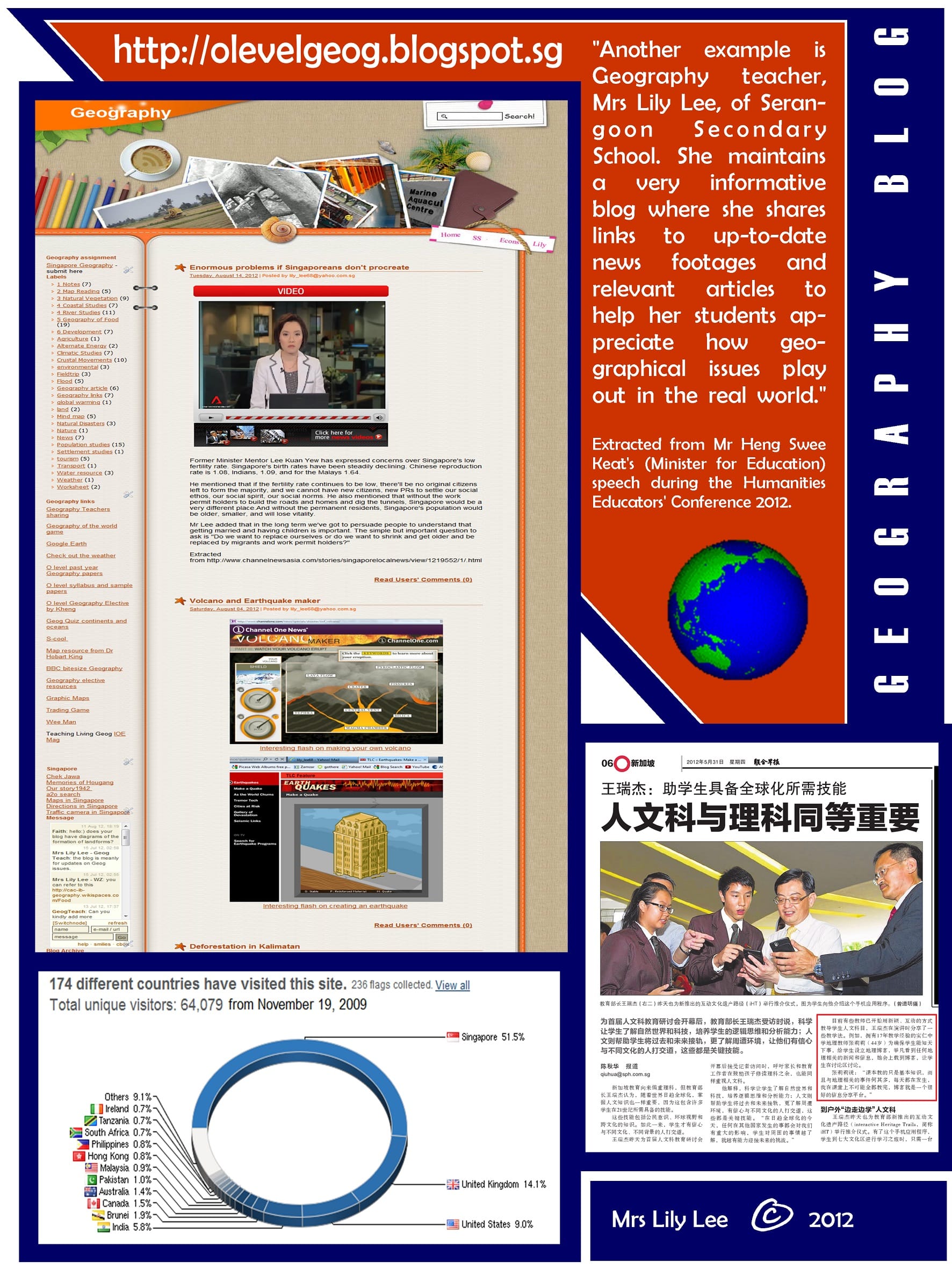 Promotional poster for a Geography blog showing website screenshots, visitor statistics, and a pie chart of visiting countries.